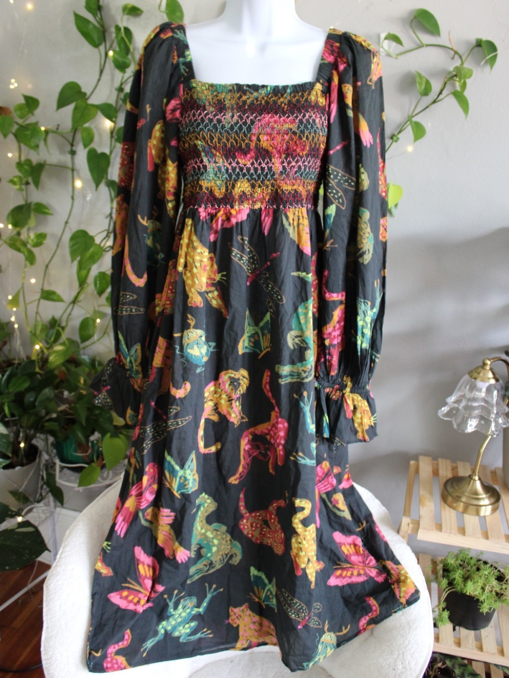 Farm Rio Black Animal Life Smocked Maxi Dress NWT Size M Puff Sleeve MSRP $245